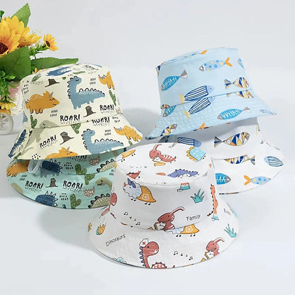 Adorable cartoon-printed cotton baby sun hat with adjustable drawstring for secure fit and wide brim for UV protection