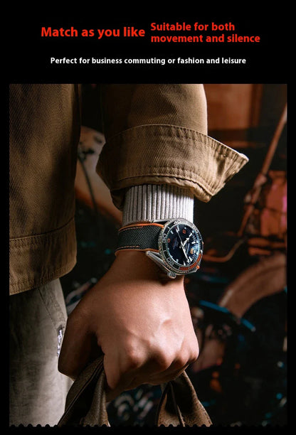 Stylish silver mechanical watch with luminous hands and indices, transparent bottom, and orange accent circle