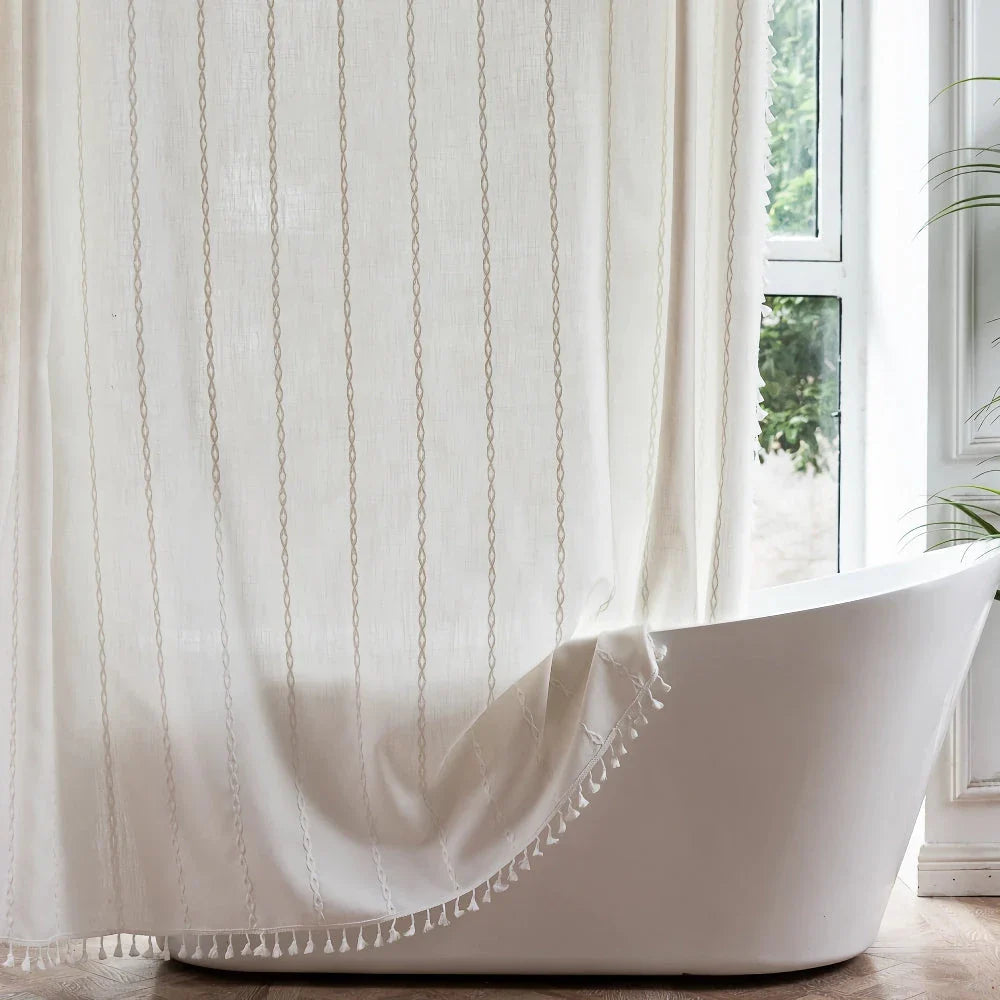 Elegant bohemian-style shower curtain with unique stitching design, perfect for creating a serene and stylish Kiwi bathroom atmosphere.