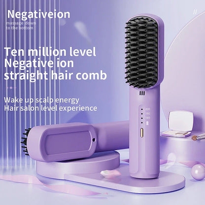 Portable Heating Comb Straightener with durable acrylic construction, FDA-approved materials, and wireless charging for Kiwis on the go