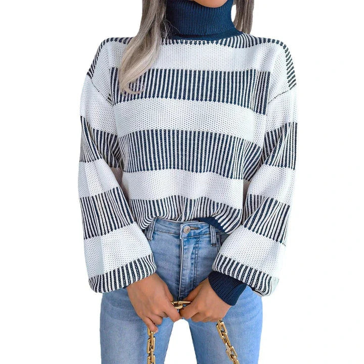 Stylish and Cozy European-Inspired Sweater Jumper with Stripe or Check Pattern, Lantern Sleeves, and High Neck