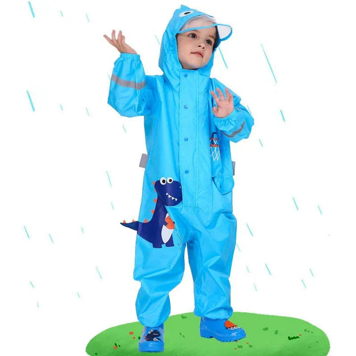 Waterproof dinosaur-themed rain jumpsuit for Kiwi kids, featuring a vibrant cartoon print and durable, protective materials