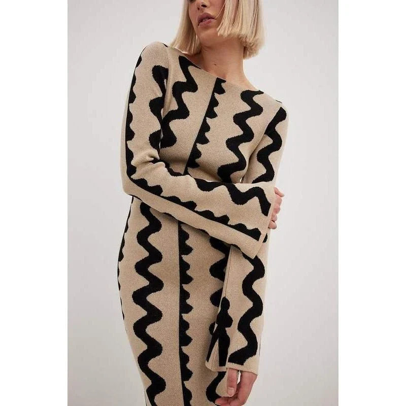 Elegant striped knit midi dress with O-neck design, featuring a flattering slim fit and comfortable ankle-length cut for the modern Kiwi woman.
