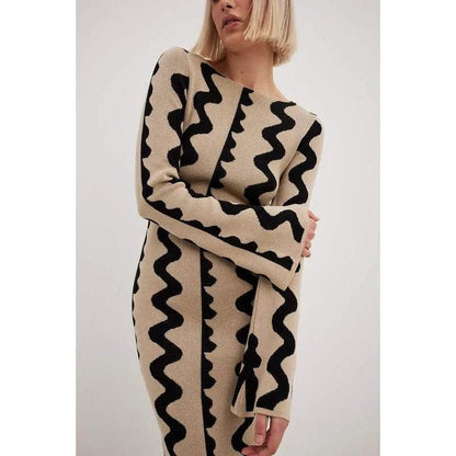 Elegant striped knit midi dress with O-neck design, featuring a flattering slim fit and comfortable ankle-length cut for the modern Kiwi woman.
