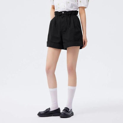 A pair of high-waisted, loose A-line casual shorts in a black colour, featuring a comfortable and flattering design for Kiwi women.