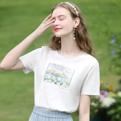 Cool Cotton Oil Graphic T-shirt for Women in White, featuring a unique natural scenery pattern with artistic elements