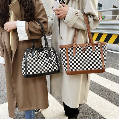 Black PU leather tote bag with a classic checkerboard pattern, perfect for everyday use in the Kiwi lifestyle