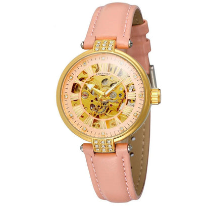 Kiwi-Crafted Forsining Ladies Fashion Casual Hollow Waterproof Automatic Mechanical Watch in White