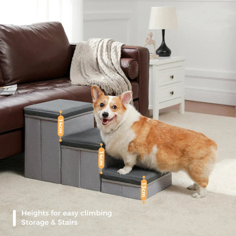 A foldable 2-in-1 pet ladder with a storage compartment, designed for dogs and puppies to safely access high places in the home.