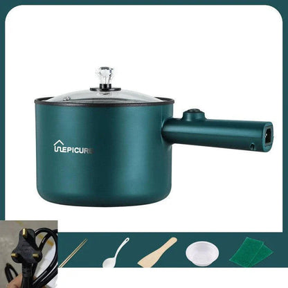 Versatile electric cooker in Emerald Green and Sapphire Blue colours, featuring manual and smart pot models with steaming grids for a range of cooking functions.