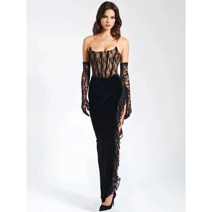 Elegant velvet lace maxi dress with captivating patchwork pattern and ruffles, perfect for formal Kiwi events