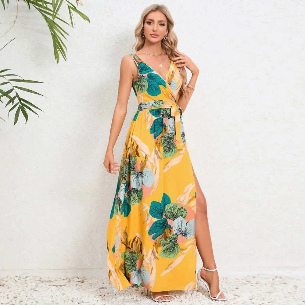 Elegant Kiwi-Inspired Paisley Maxi Dress for Summer - Charming V-Neck, Flowy A-Line Silhouette, and Breathable Cotton-Polyester Blend