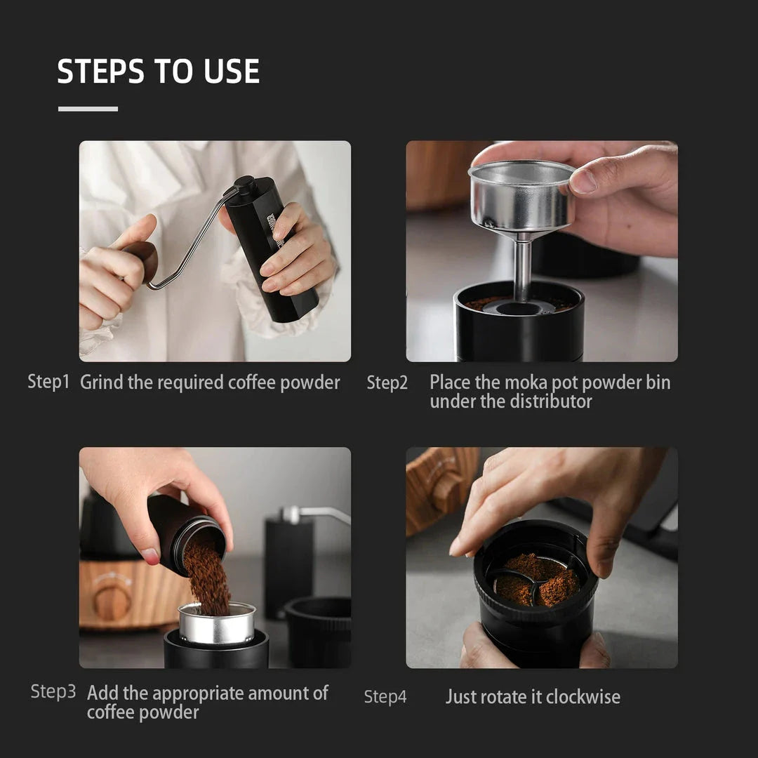 Adjustable height moka pot coffee distributor for precision brewing and balanced extraction