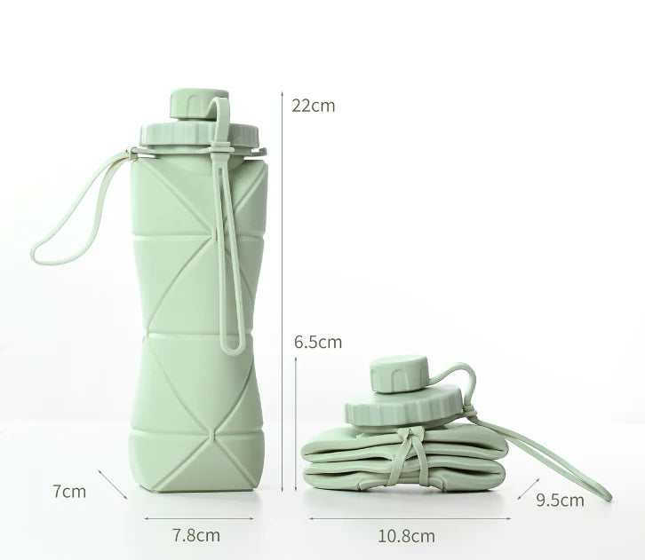 600ml folding silicone water bottle in green, pink, blue, and gray colors for outdoor sports and travel use