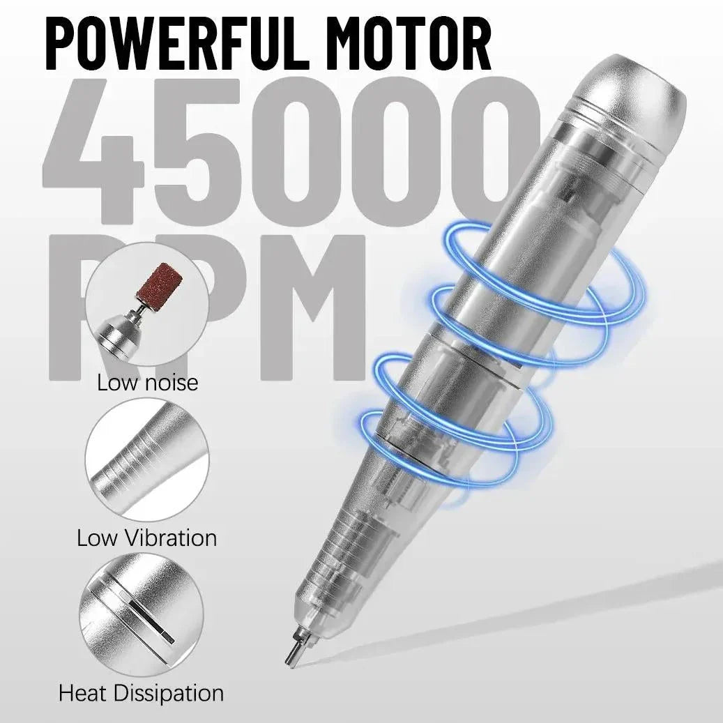 A high-speed 45,000RPM rechargeable electric nail drill with a LCD display for manicures and polishing