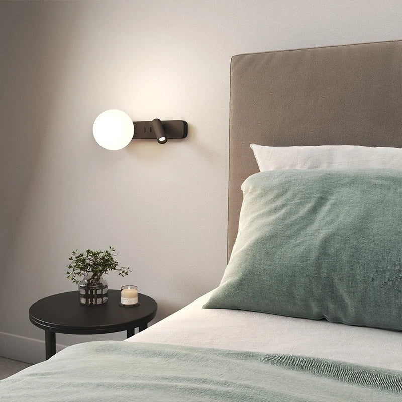 Stylish and adjustable glass wall lamp with a black shade, suitable for bedrooms and hotels