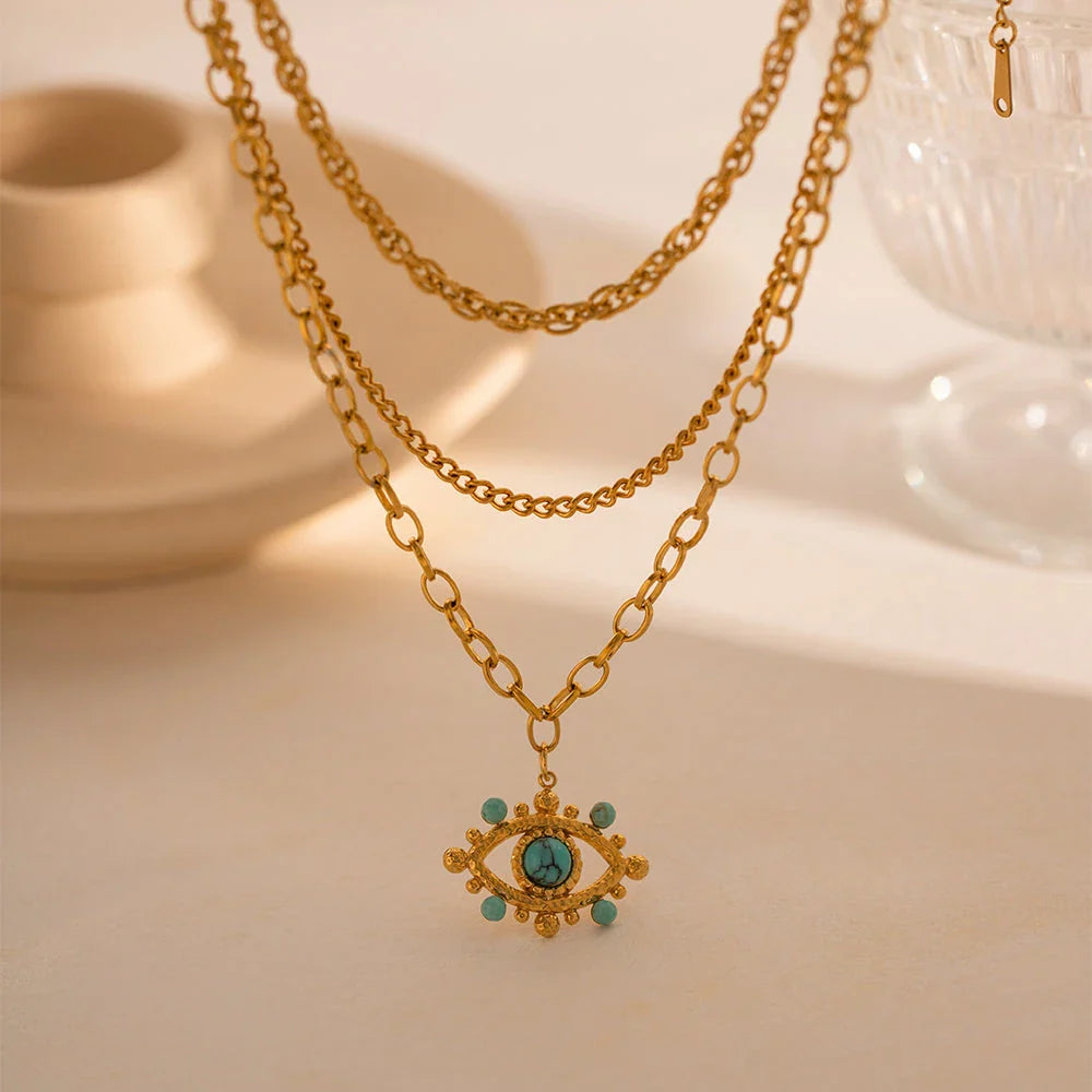 Premium multi-layer turquoise and malachite Devil's Eye pendant necklace made with 18K gold-plated stainless steel