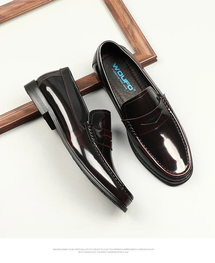 Stylish one-foot patent leather loafers with round toe and flat heel, perfect for the Kiwi commuter