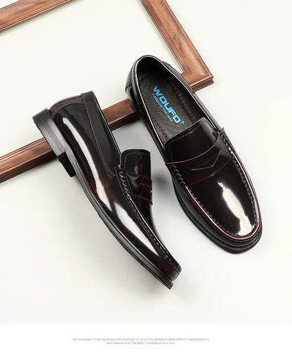 Stylish one-foot patent leather loafers with round toe and flat heel, perfect for the Kiwi commuter