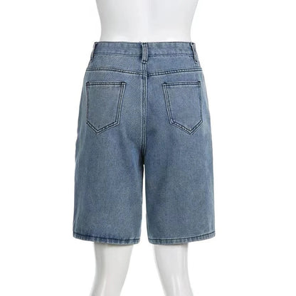 Loose Contrast Color Five-pointed Star Patch Denim Shorts in blue, featuring a relaxed, comfortable fit and unique star patch detailing