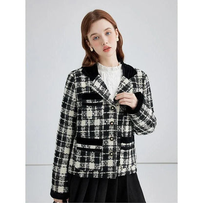 Stylish plaid woollen women's short jacket with contrast colour patchwork, perfect for Kiwi winters