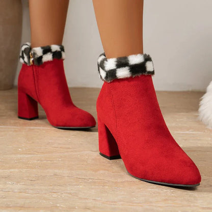 A pair of stylish plaid print plush ankle boots with a square heel, designed for warm and comfortable winter wear.
