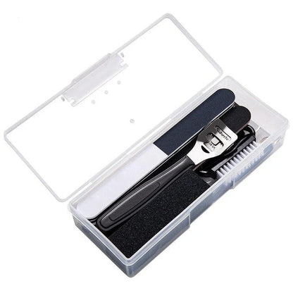 Black 12-piece pedicure care set with stainless steel and plastic tools for removing corns, calluses, and thick nails to leave feet baby-soft and smooth