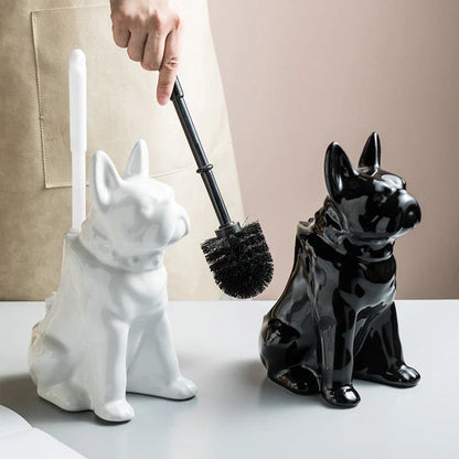 A creative dog-shaped toilet brush with a ceramic base, designed to clean and decorate Kiwi bathrooms