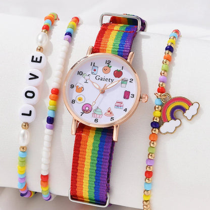 Rainbow-coloured fabric strap women's wristwatch with alloy case and quartz movement