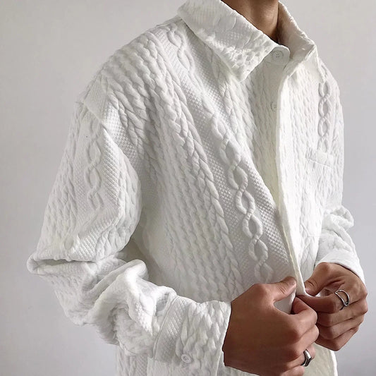 A relaxed-fit, long-sleeve men's shirt featuring a stylish Japanese-inspired hemp pattern in a versatile white color