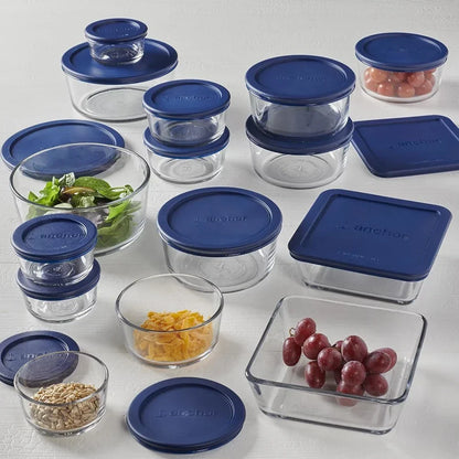 30-piece glass food storage containers with navy blue lids, perfect for meal prep, leftovers, and kitchen organization