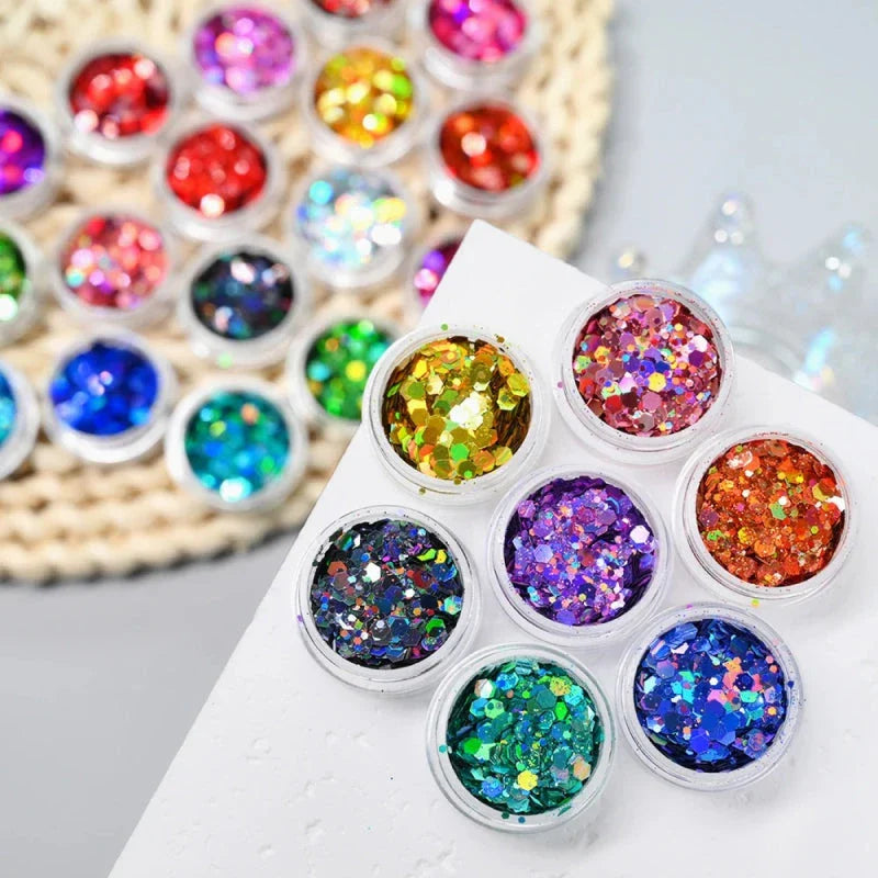 Assortment of laser holographic chunky nail glitters in various vibrant colors and sizes