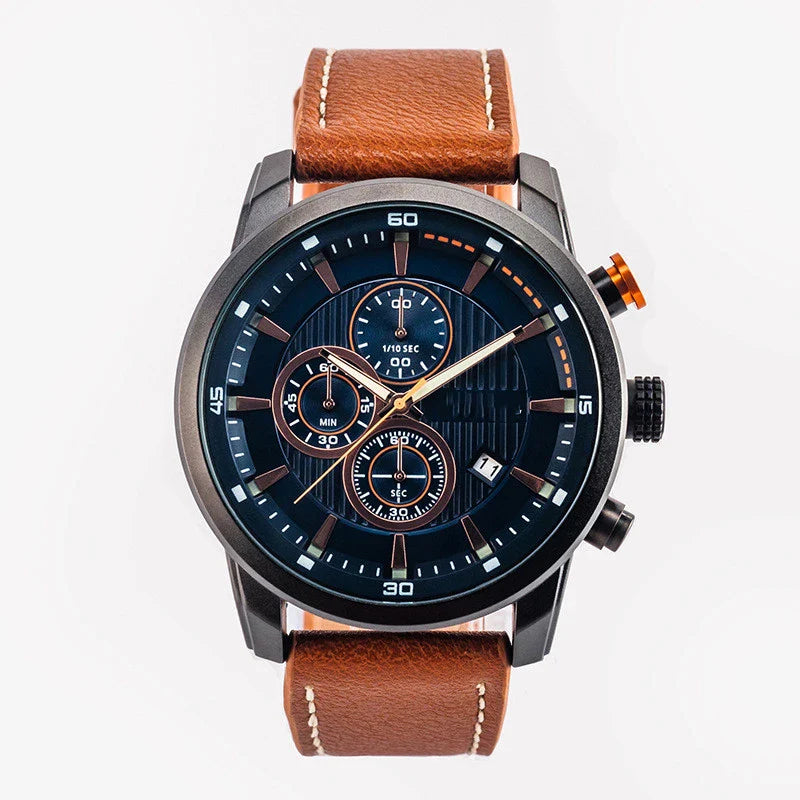 Stylish leather sports watch with single calendar movement and water-resistant alloy case