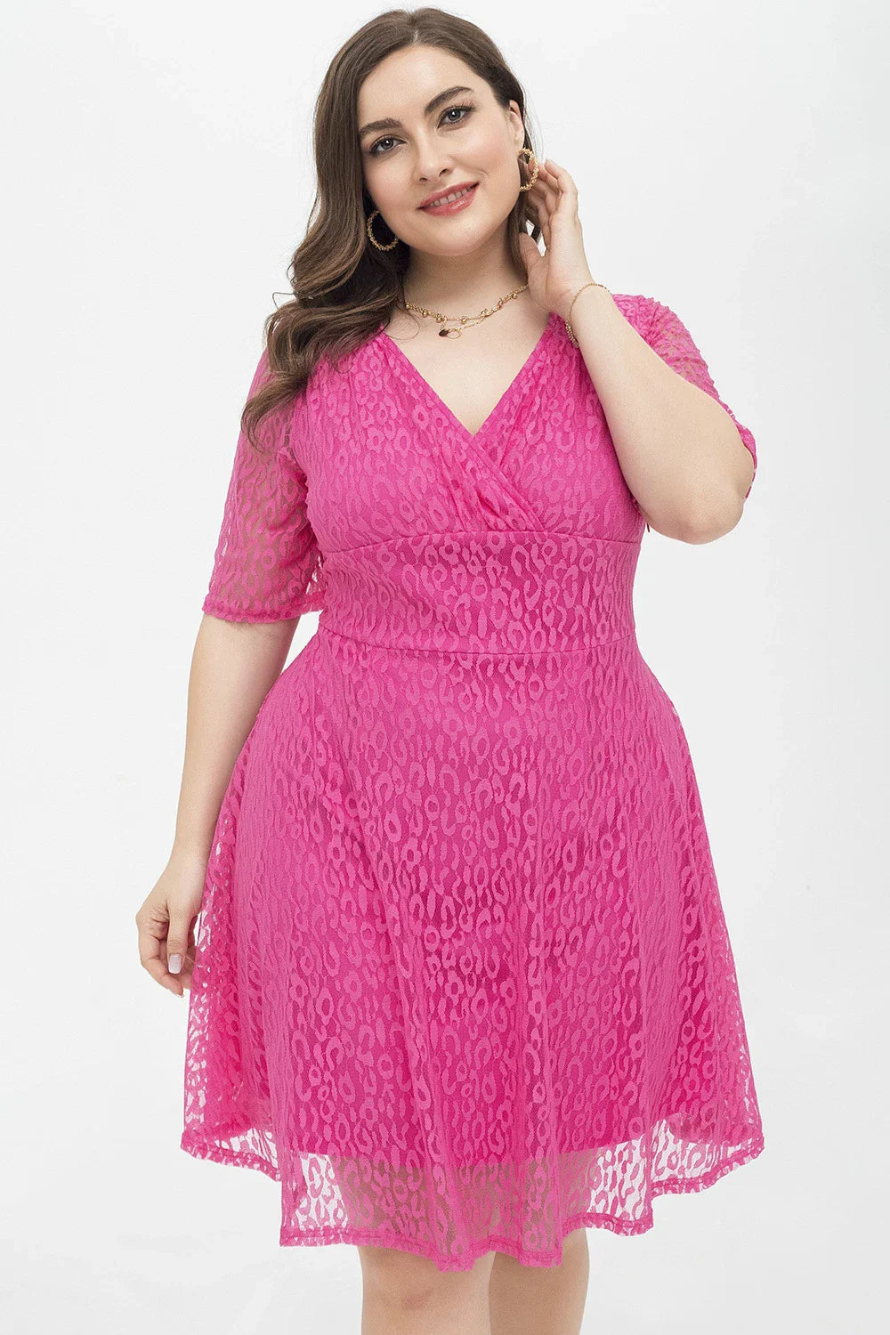 Stylish relaxed-fit v-neck lace dress in rose red color, featuring a flattering A-line silhouette and premium polyester fabric