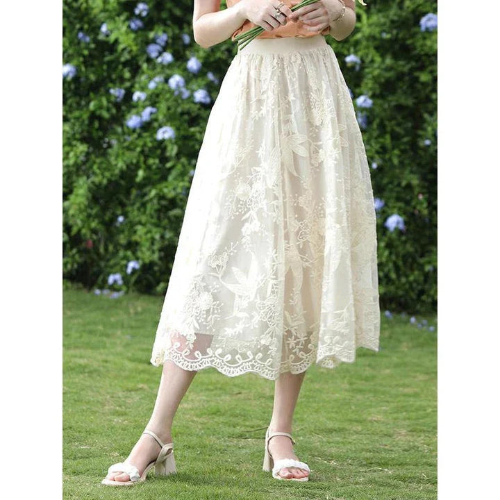 Elegant Summer Floral Lace A-Line Skirt with intricate lace detailing and a flattering A-line silhouette