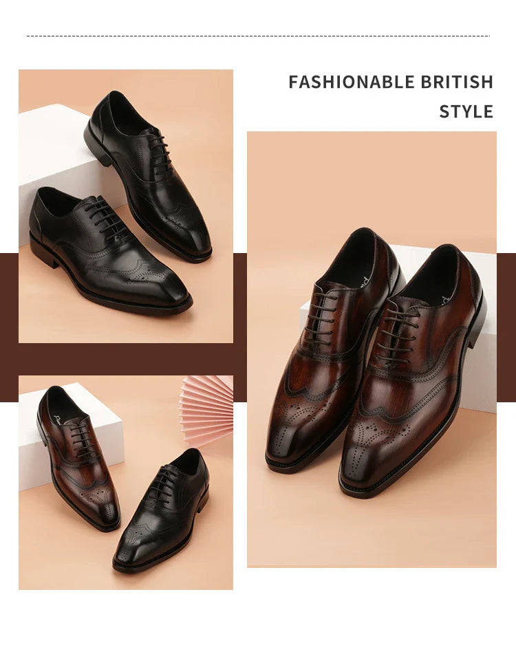 Stylish men's leather dress shoes with engraved pattern and retro-inspired square toe design