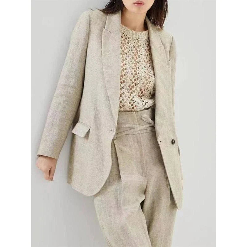 Elegant cotton linen blazer and trousers set in a sophisticated style suitable for Kiwi women's office and casual wear