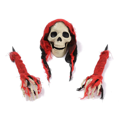 Eerie Haunts: Three-piece set of lifelike Halloween skull decor in green, red, and grey colours, made in New Zealand