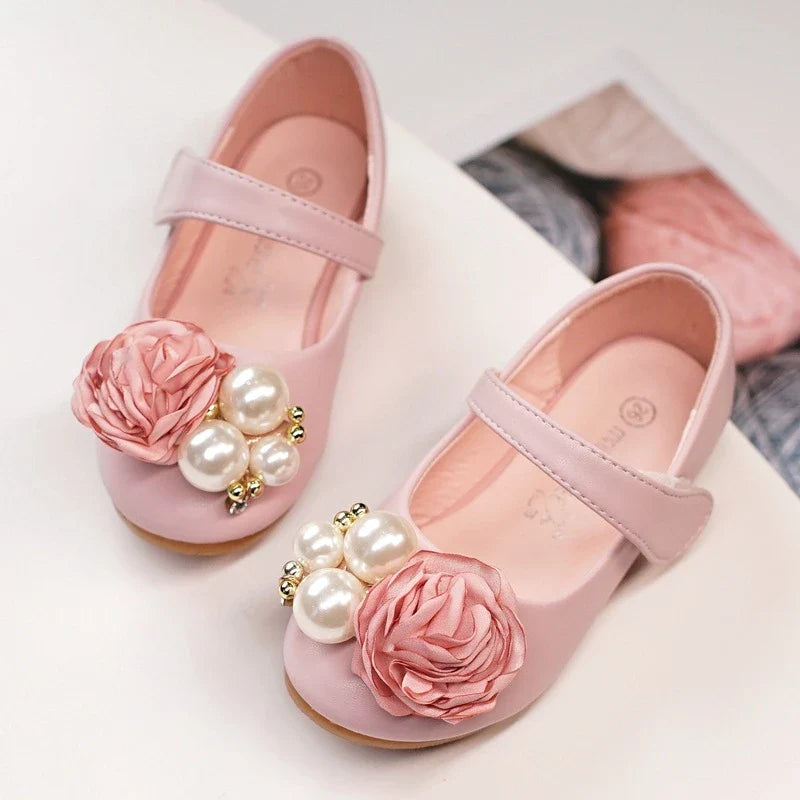 Kids' Pearl Flower Princess Shoes in various colors and sizes