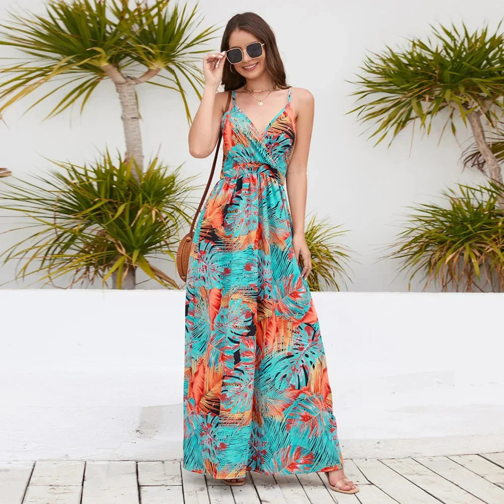 Elegant Bohemian paisley print maxi dress with flattering V-neck and spaghetti straps, suitable for a variety of occasions for the modern Kiwi woman.