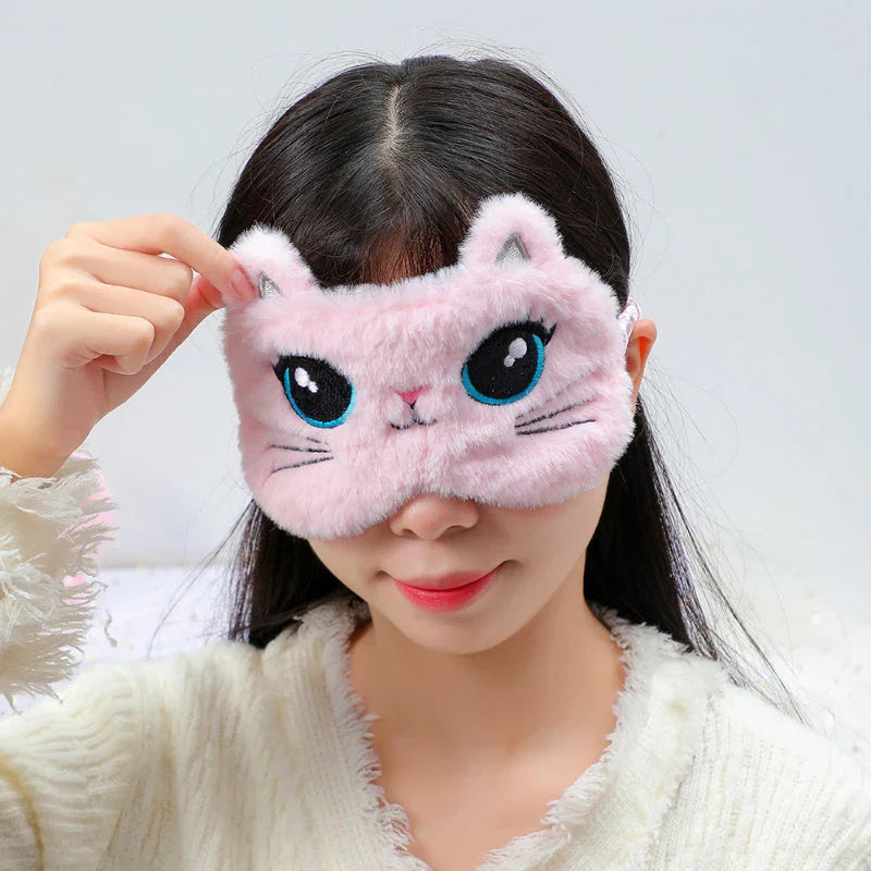 Cosy Kiwi Cutie plush sleep mask with adorable big eyes cat design and adjustable strap for comfort