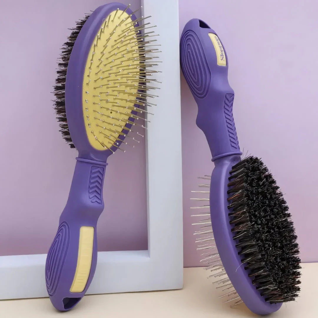 Double-Sided Dog & Cat Grooming Brush with Stainless Steel and Soft Bristles