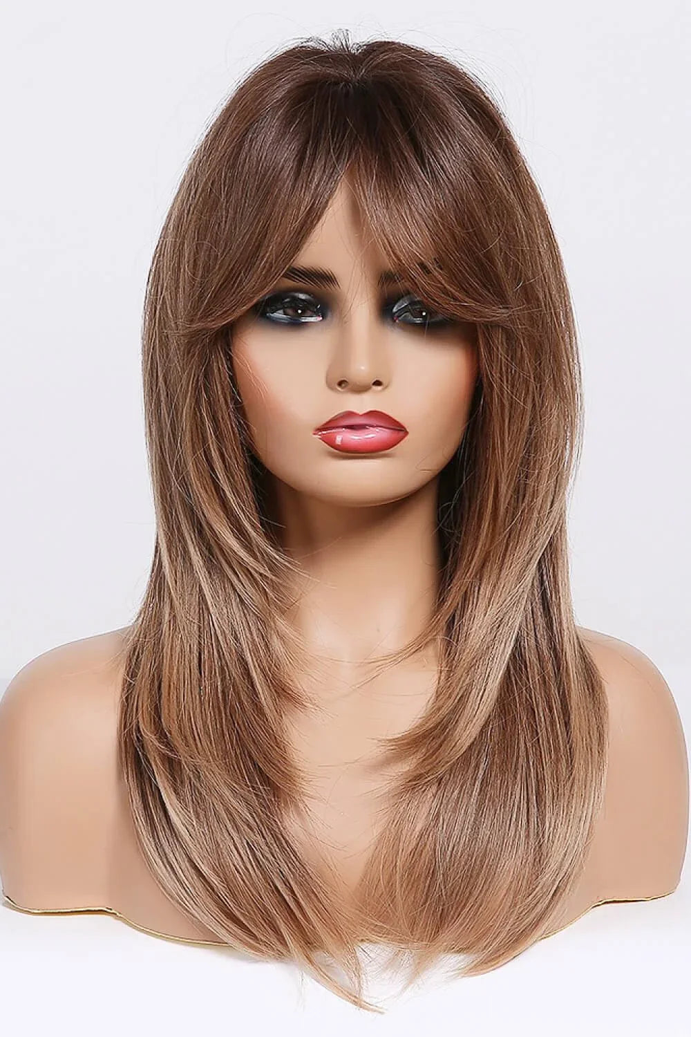 Stylish mid-length wave synthetic wig in cream color with comfortable cap construction and heat-safe synthetic fibres