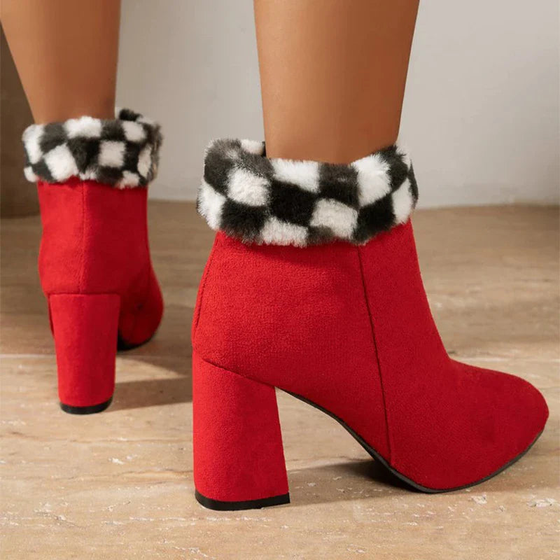 A pair of stylish plaid print plush ankle boots with a square heel, designed for warm and comfortable winter wear.