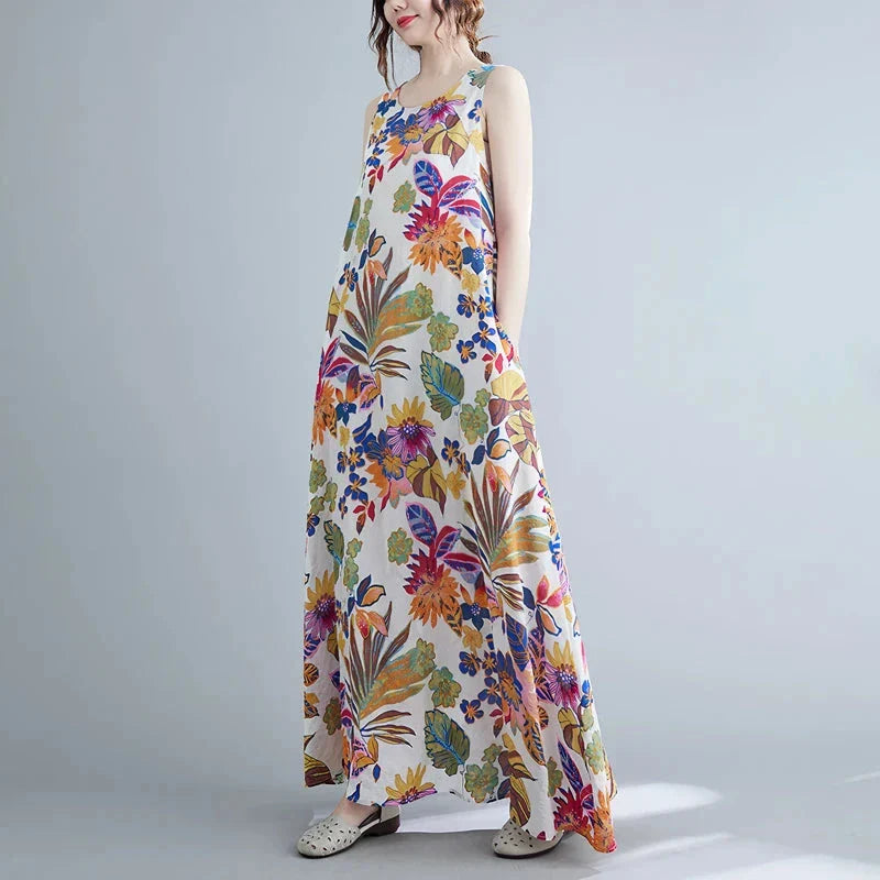 Elegant floral print cotton linen long dress with a classic O-neck and flattering A-line silhouette, perfect for Kiwi women's warm-weather style