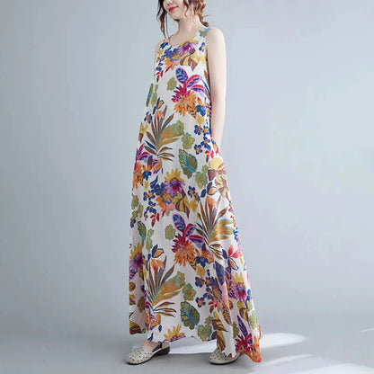 Elegant floral print cotton linen long dress with a classic O-neck and flattering A-line silhouette, perfect for Kiwi women's warm-weather style