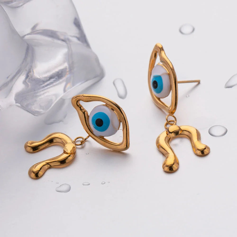 Pair of 18K gold plated stainless steel asymmetrical devil's eye earrings with vibrant, dripping oil-inspired finish