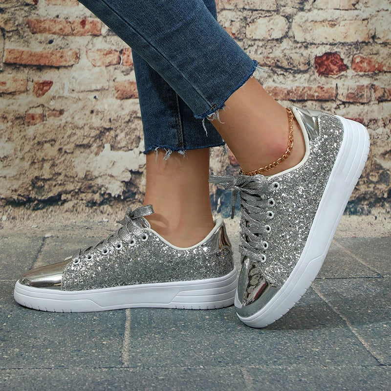 Stylish sequin sneakers for Kiwi women with thick soles and trendy lace-up design, available in various vibrant colours