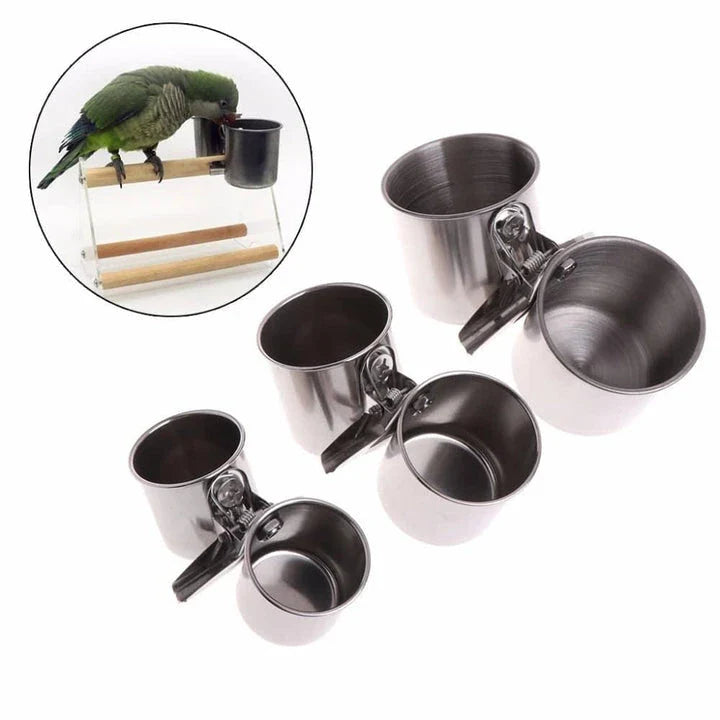Premium stainless steel bird feeder with dual cups for food and water, featuring a secure clip for easy installation in your Kiwi backyard