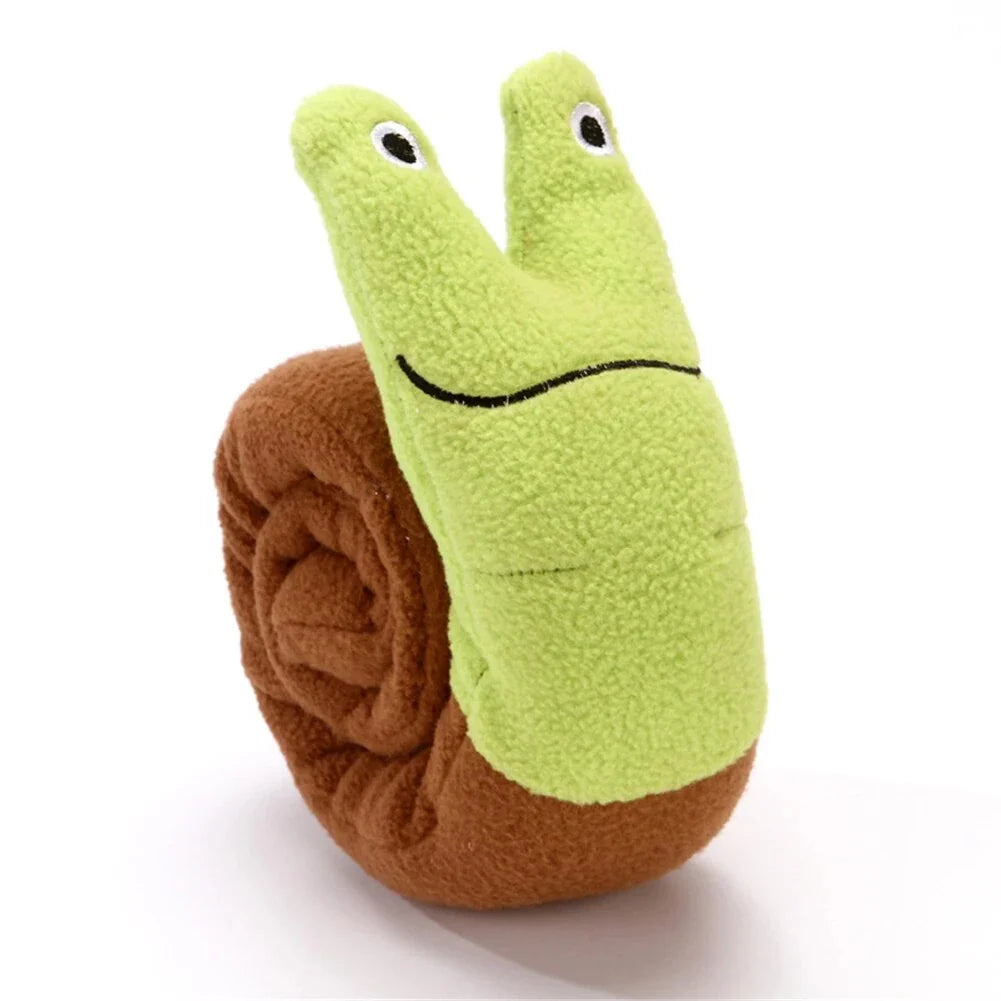 Soft, plush snail-shaped snuffle mat toy for dogs, with multiple treat-hiding pockets and a built-in sound generator for added engagement and mental stimulation.